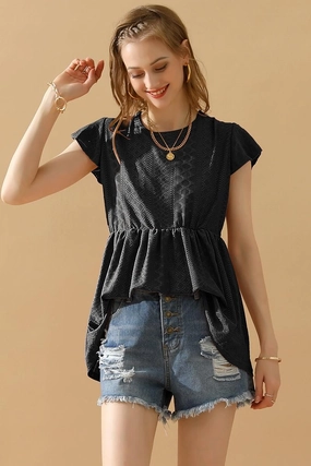 Flattering Drape RUFFLED ELASTIC WAIST PUNCHING LACE TEE