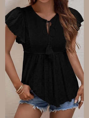 RUFFLED SLEEVE TIE NECK TUNIC TOP Multi Directional Zipper Placement Microfiber Technology