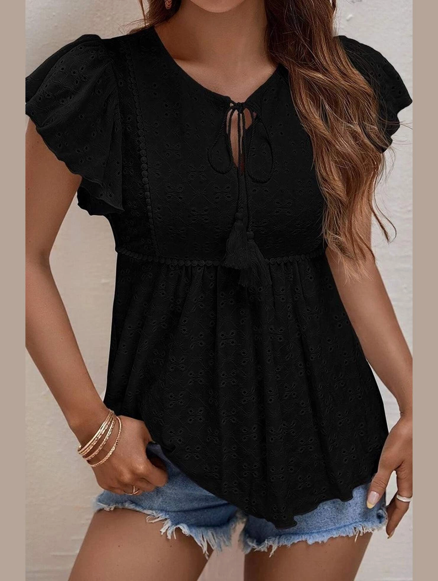 Breathable Hoodie UV protection coating RUFFLED SLEEVE TIE NECK TUNIC TOP