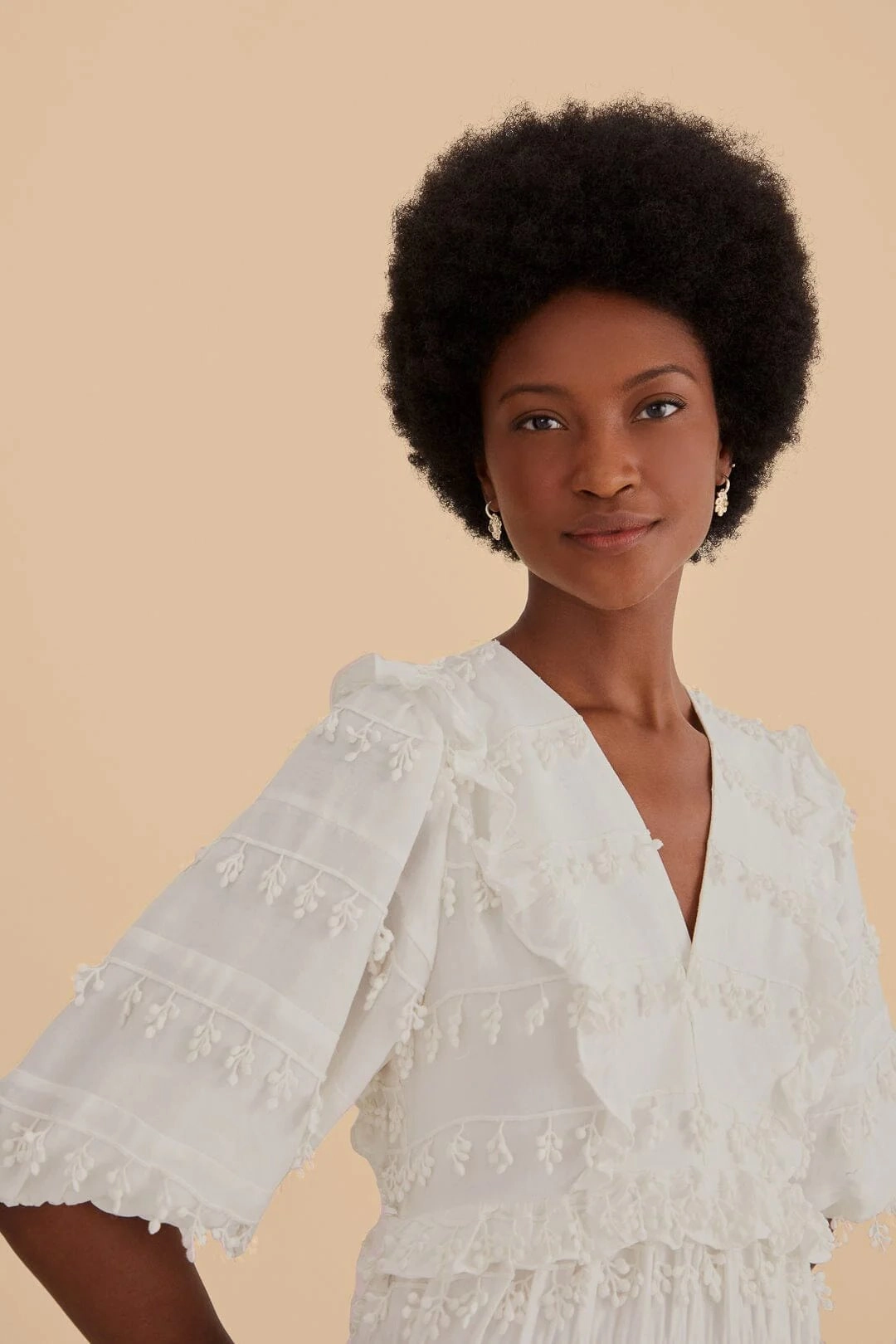 Fluid Shape Ruffles Tassels Midi Dress Off White