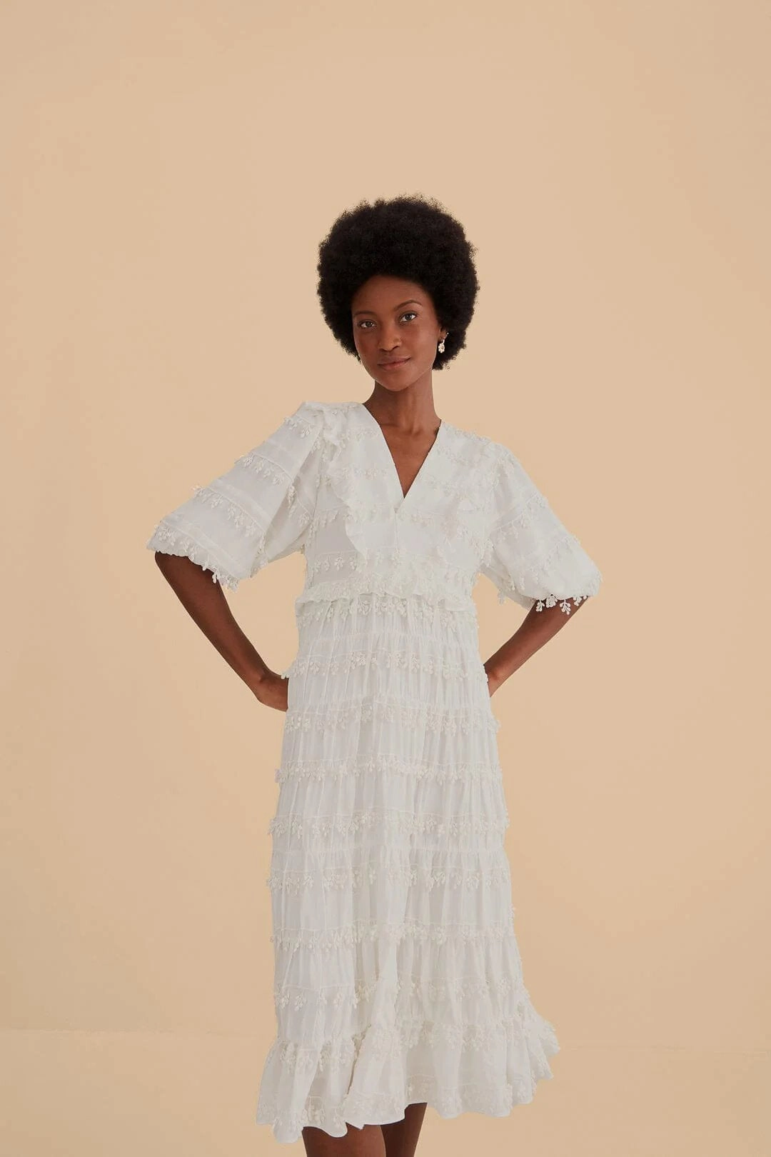 Ruffles Tassels Midi Dress Off White Graceful Ease Layered-Look