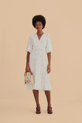 Silky-Feel Ruffles Tassels Midi Dress Off White