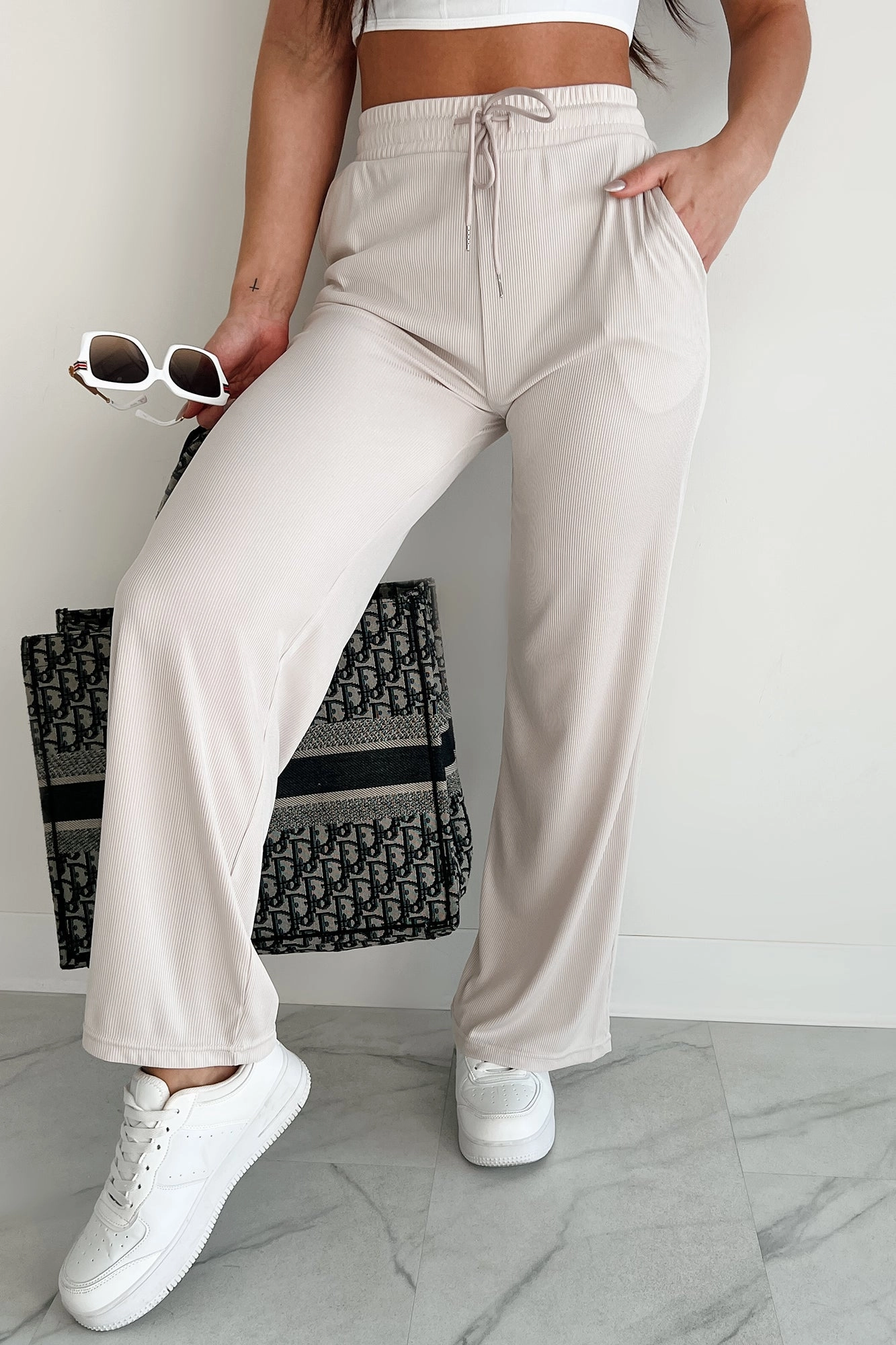runner I'm Staying Put Wide Leg Drawstring Pants (Milk Tea)