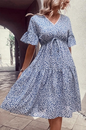 LACE TRIM V NECK EMPIRE WAIST FLORAL DRESS Chain-Detail cut out