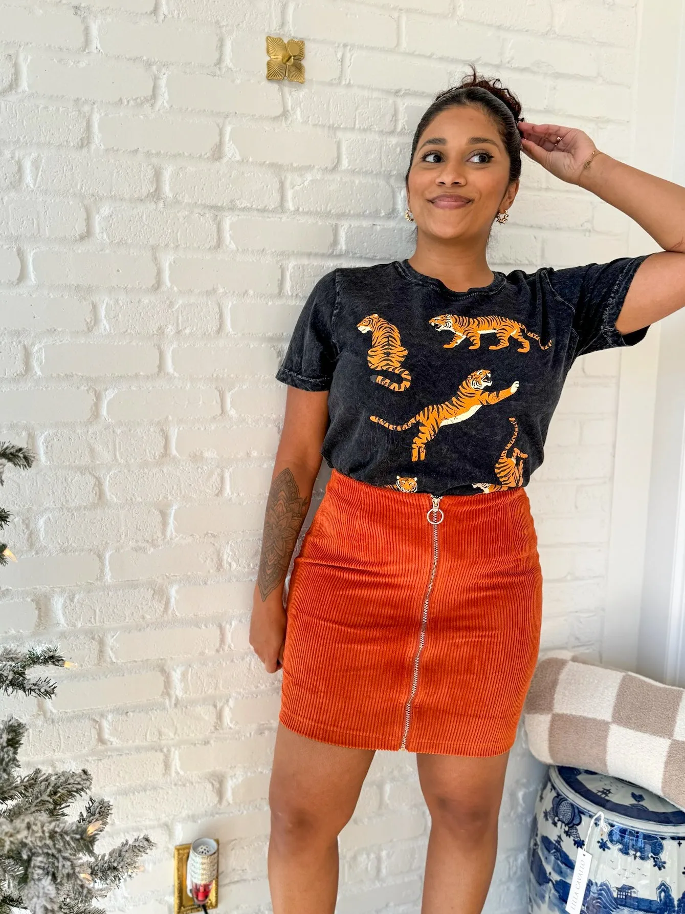 Rust Corduroy Zip Up Mini Skirt