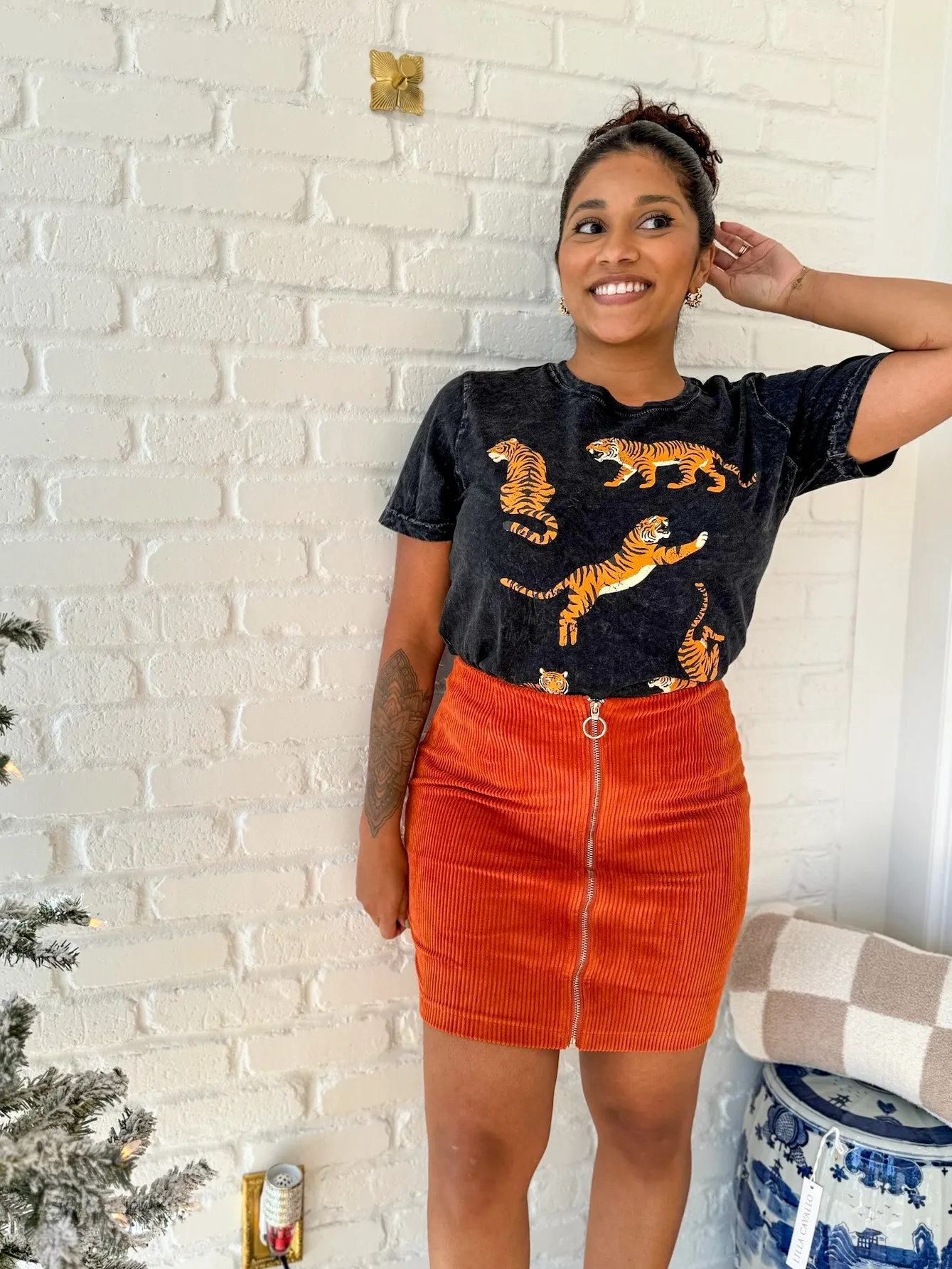Rust Corduroy Zip Up Mini Skirt
