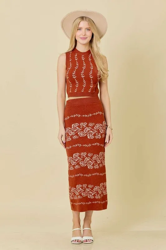 Rust Sweater Knit Midi Skirt Set