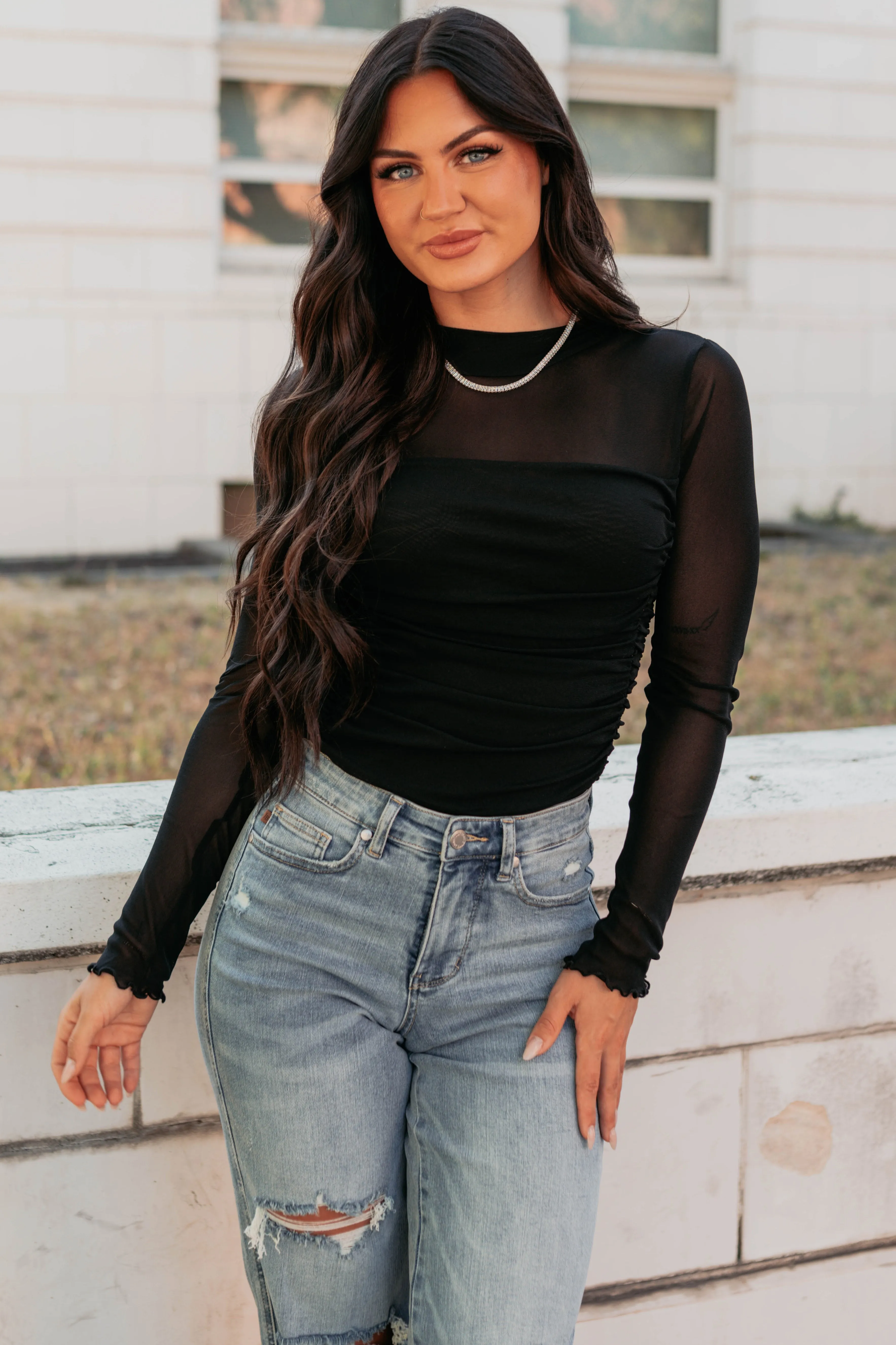 Ruthie Ruched Mesh Bodysuit (Black) Regular Fit Relaxed Look