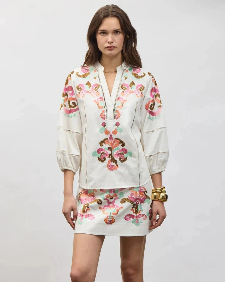 Rylie Top Whipped White Recycled Polyester Material Stretch Blouse