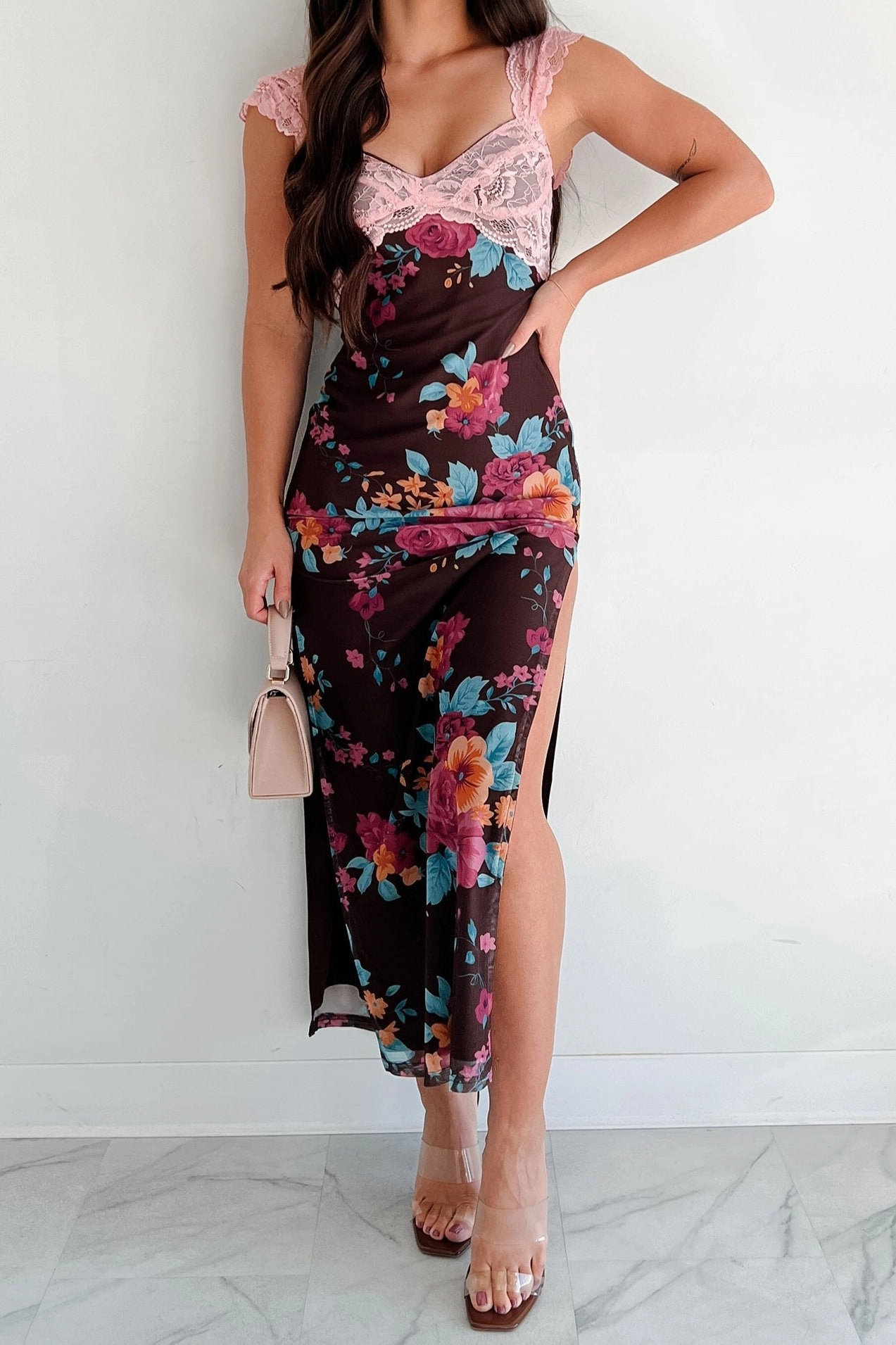 Saccharine Sweet Lace Detail Floral Mesh Maxi Dress (Mauve/Brown) Polished Design