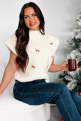 YarnDyeStripe AirflowVents Santa-Plause "Ho Ho Ho" Padded Shoulder Sweater Top (Cream)