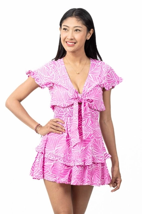 Shirred-Detail Skin Tone Sarah Dress / Magenta Leaf