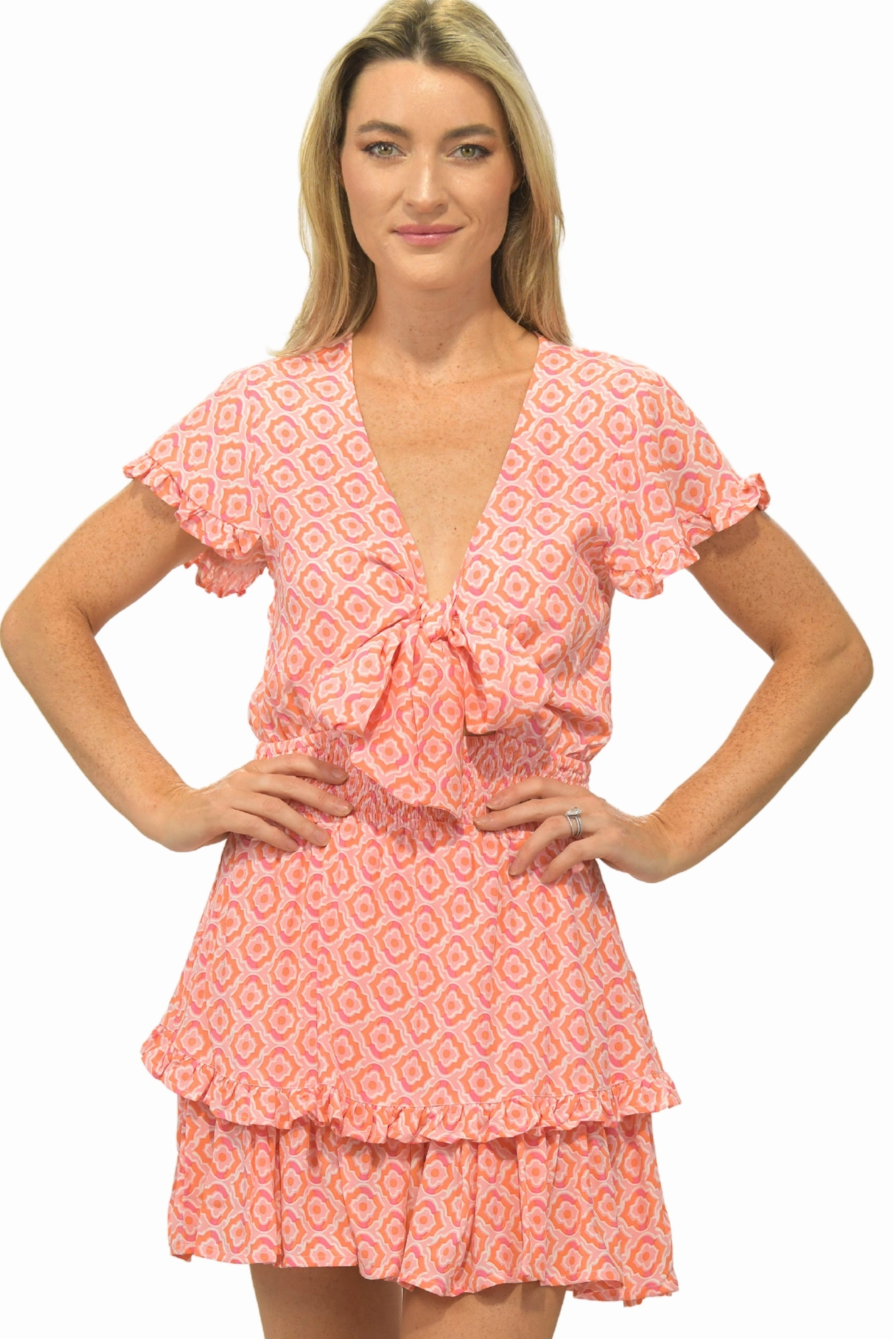 Sarah Dress / Orange & Pink Tiles Bow-Detail Signature-Style