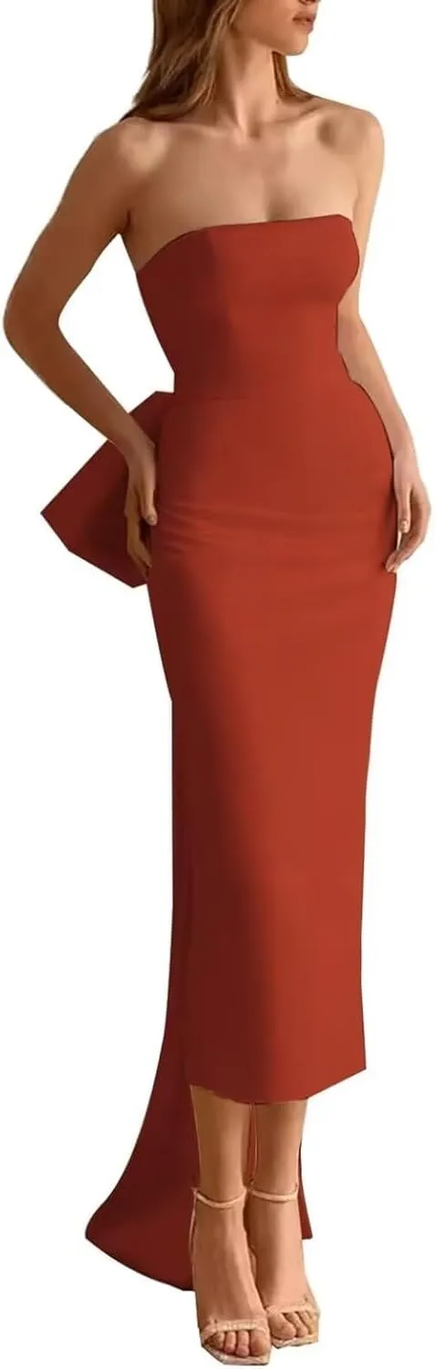 Satin Mermaid Bow Prom Dress Bodycon Wrap Cocktail Dress with Slit Strapless Bow Evening Dress with Detachable Train