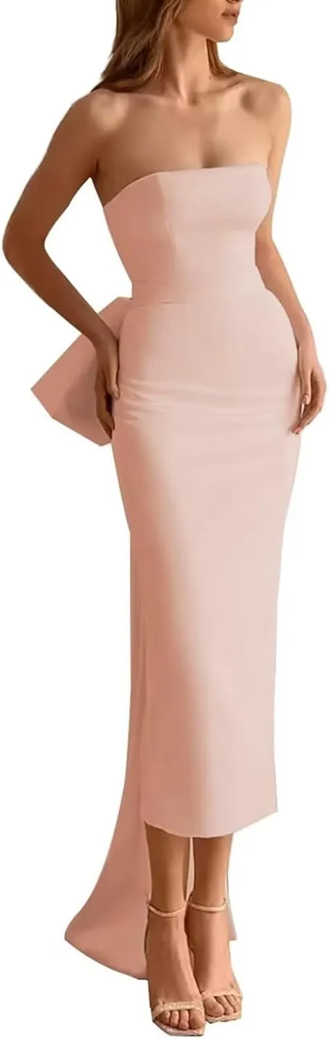 Satin Mermaid Bow Prom Dress Bodycon Wrap Cocktail Dress with Slit Strapless Bow Evening Dress with Detachable Train