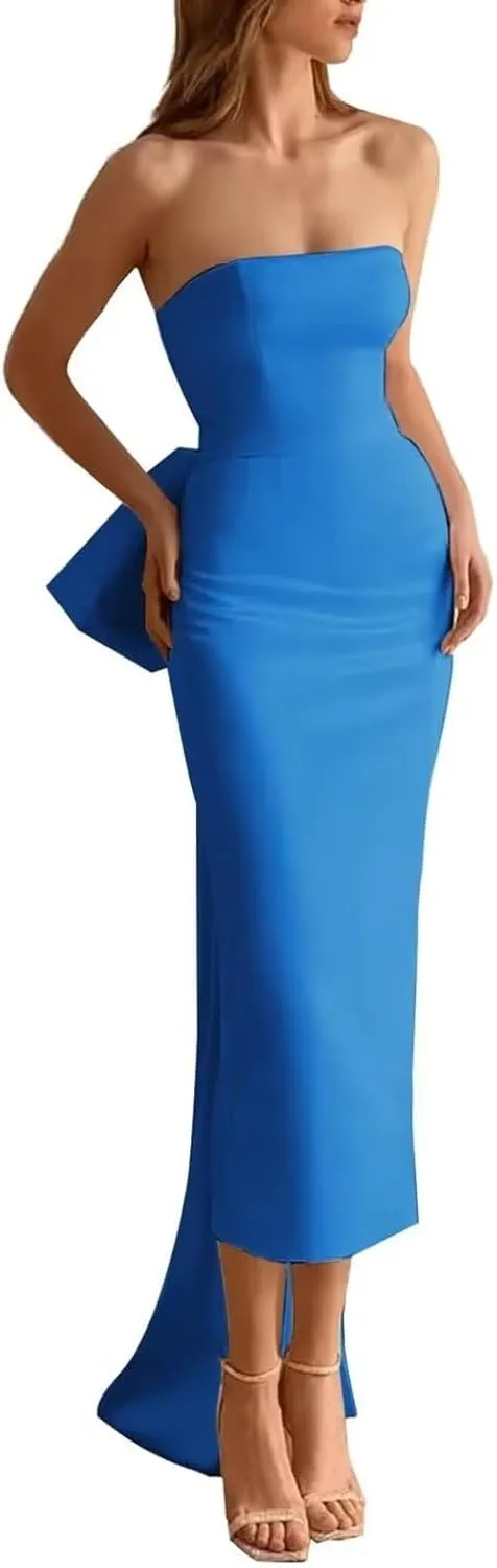 Satin Mermaid Bow Prom Dress Bodycon Wrap Cocktail Dress with Slit Strapless Bow Evening Dress with Detachable Train