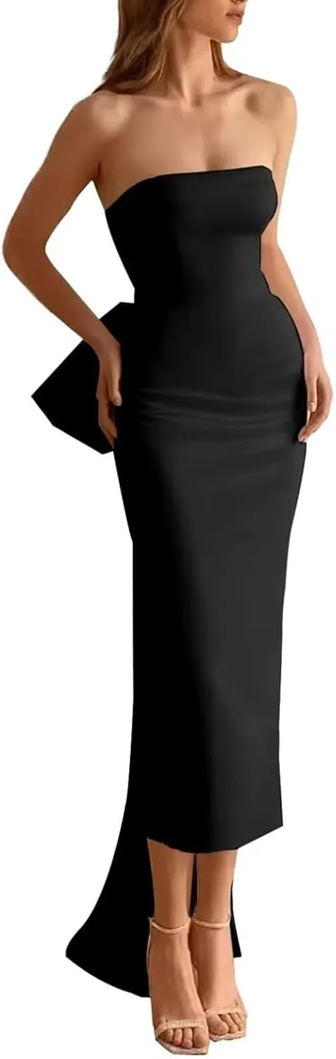 Satin Mermaid Bow Prom Dress Bodycon Wrap Cocktail Dress with Slit Strapless Bow Evening Dress with Detachable Train