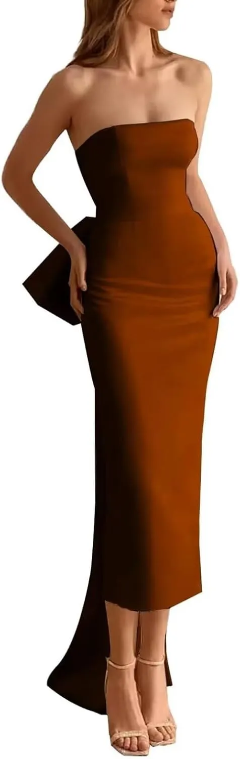 Satin Mermaid Bow Prom Dress Bodycon Wrap Cocktail Dress with Slit Strapless Bow Evening Dress with Detachable Train