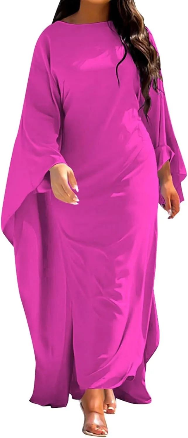 Satin Party Dress Robe Abaya Muslim Women Elegant Solid Round Neck Bat Sleeves Loose Turban for Men Head