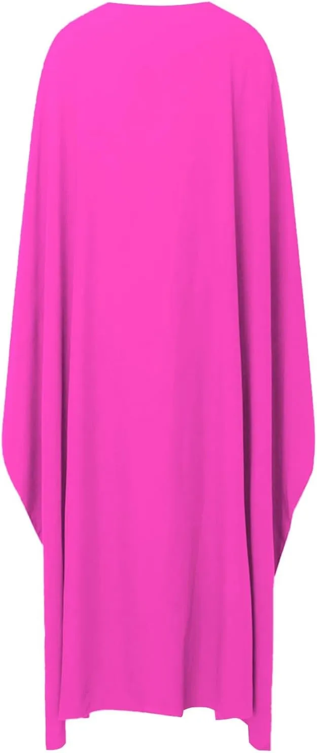 Satin Party Dress Robe Abaya Muslim Women Elegant Solid Round Neck Bat Sleeves Loose Turban for Men Head