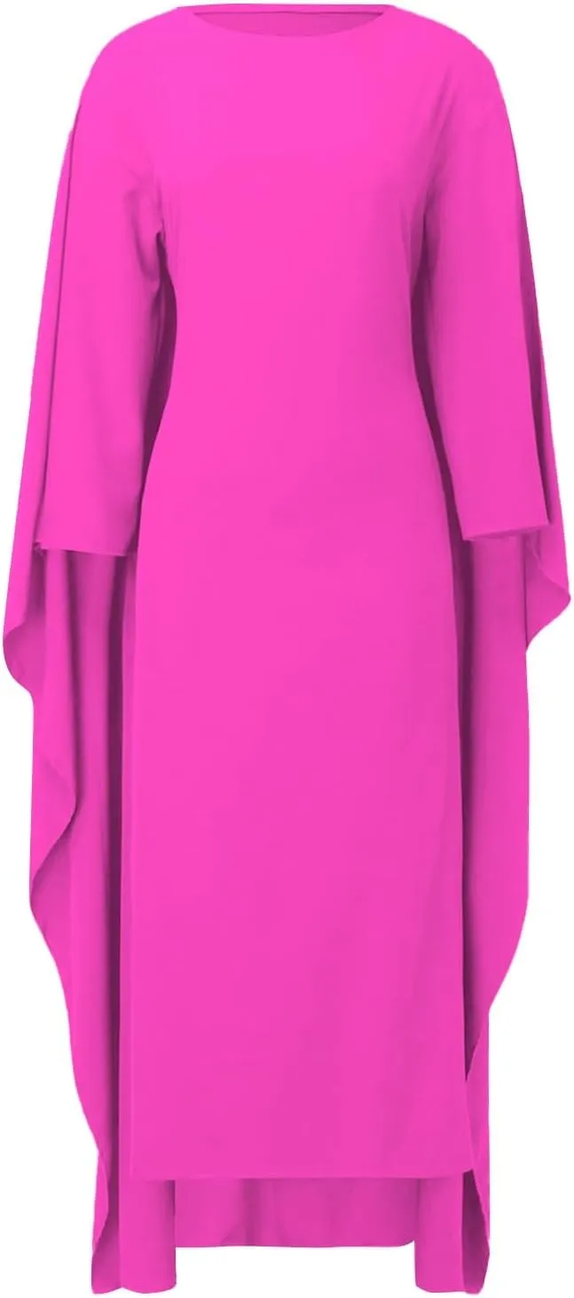 Satin Party Dress Robe Abaya Muslim Women Elegant Solid Round Neck Bat Sleeves Loose Turban for Men Head