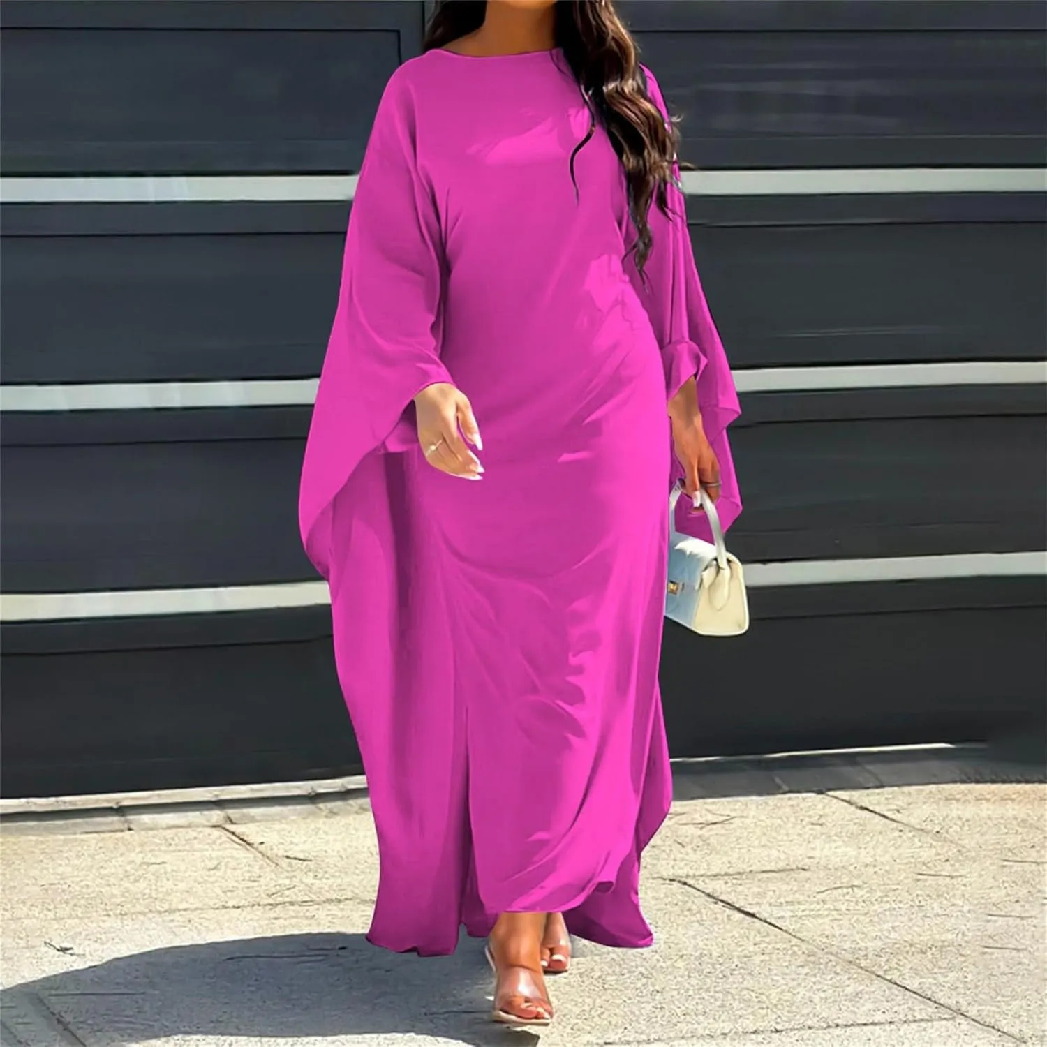 Satin Party Dress Robe Abaya Muslim Women Elegant Solid Round Neck Bat Sleeves Loose Turban for Men Head