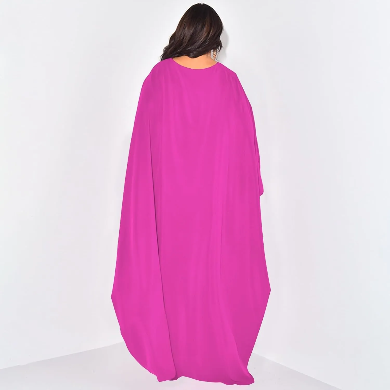 Satin Party Dress Robe Abaya Muslim Women Elegant Solid Round Neck Bat Sleeves Loose Turban for Men Head