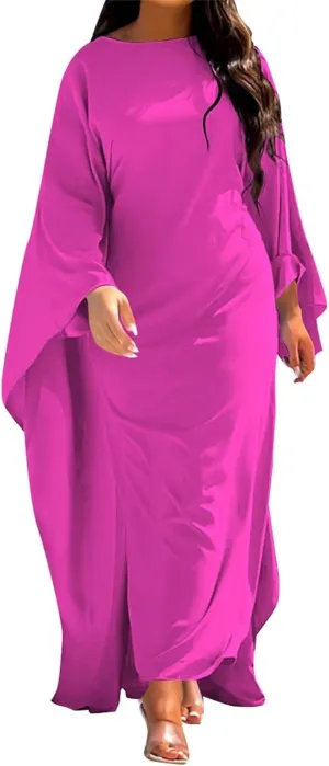 Satin Party Dress Robe Abaya Muslim Women Elegant Solid Round Neck Bat Sleeves Loose Turban for Men Head