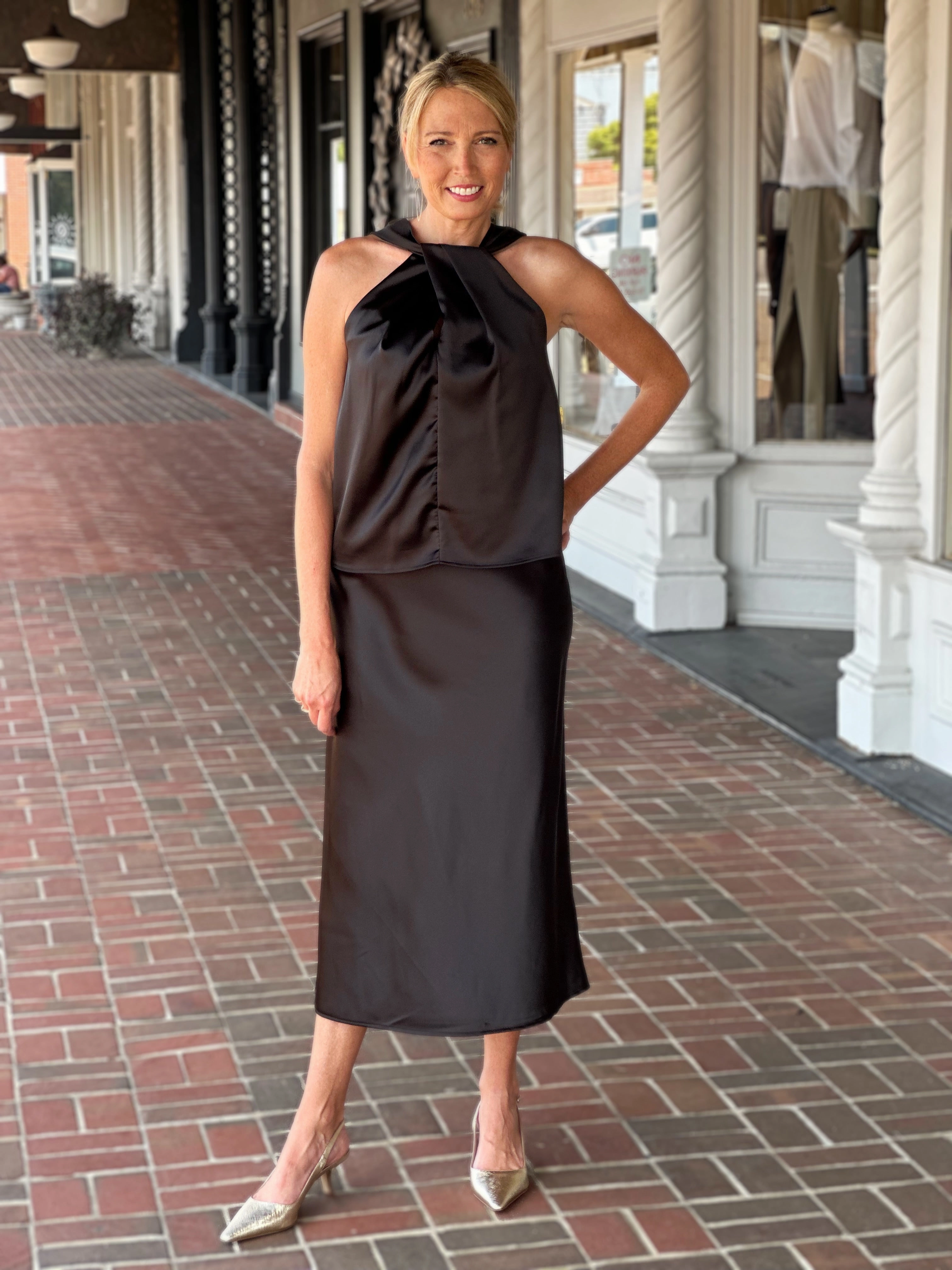 Satin Bias Cut Skirt in Black Smart Comfort
