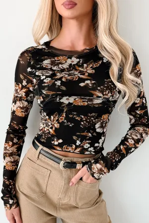 Casual Fit Script Flipped Long Sleeve Floral Mesh Top (Black)