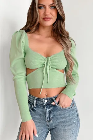 Comfy Cardigan Quick Dry Material Focal Point Ruched Cut-Out Puff Sleeve Crop Top (Sage)