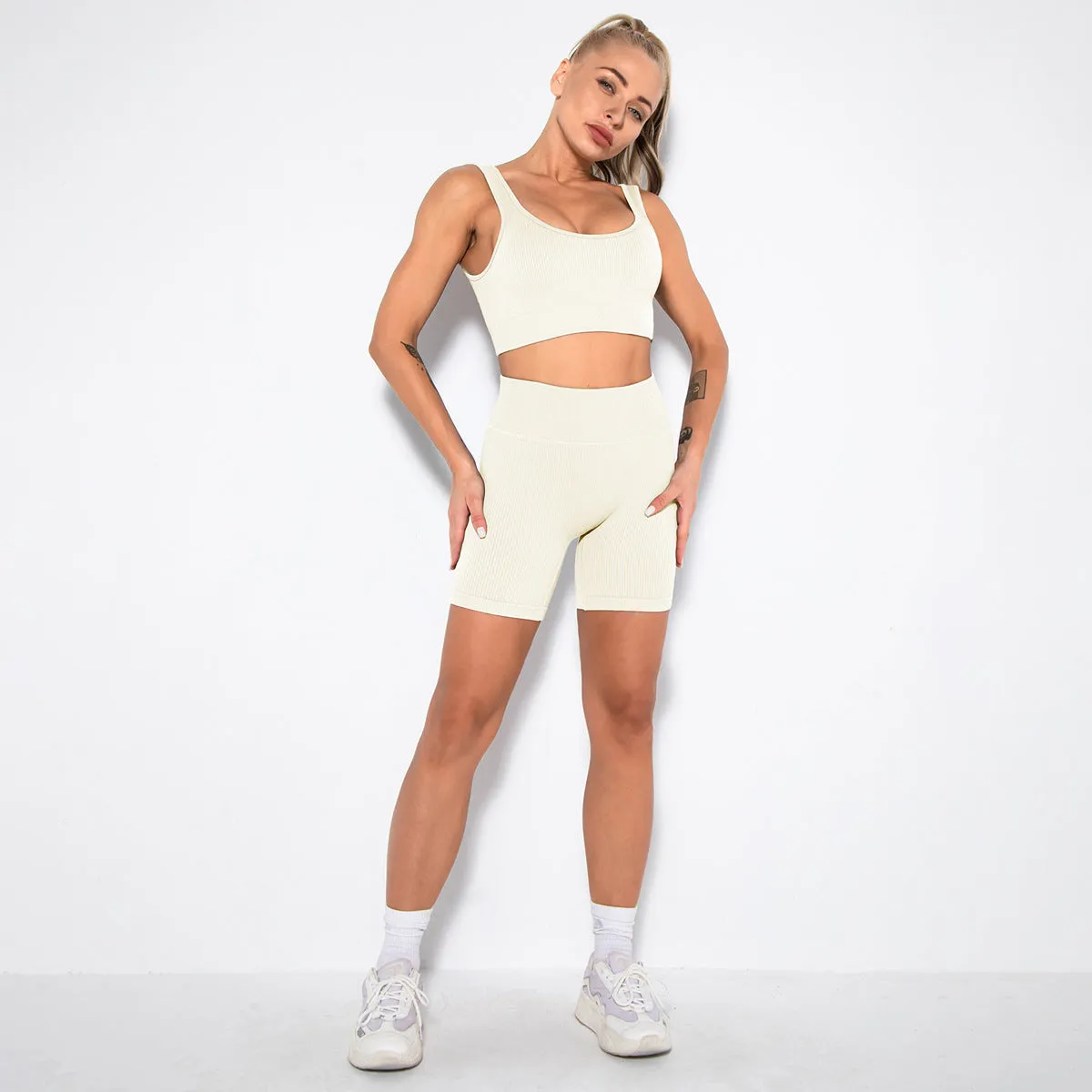 Seamless Thread Solid Color Sexy Sports Vest Shorts Set Running Fitness Yoga Wear