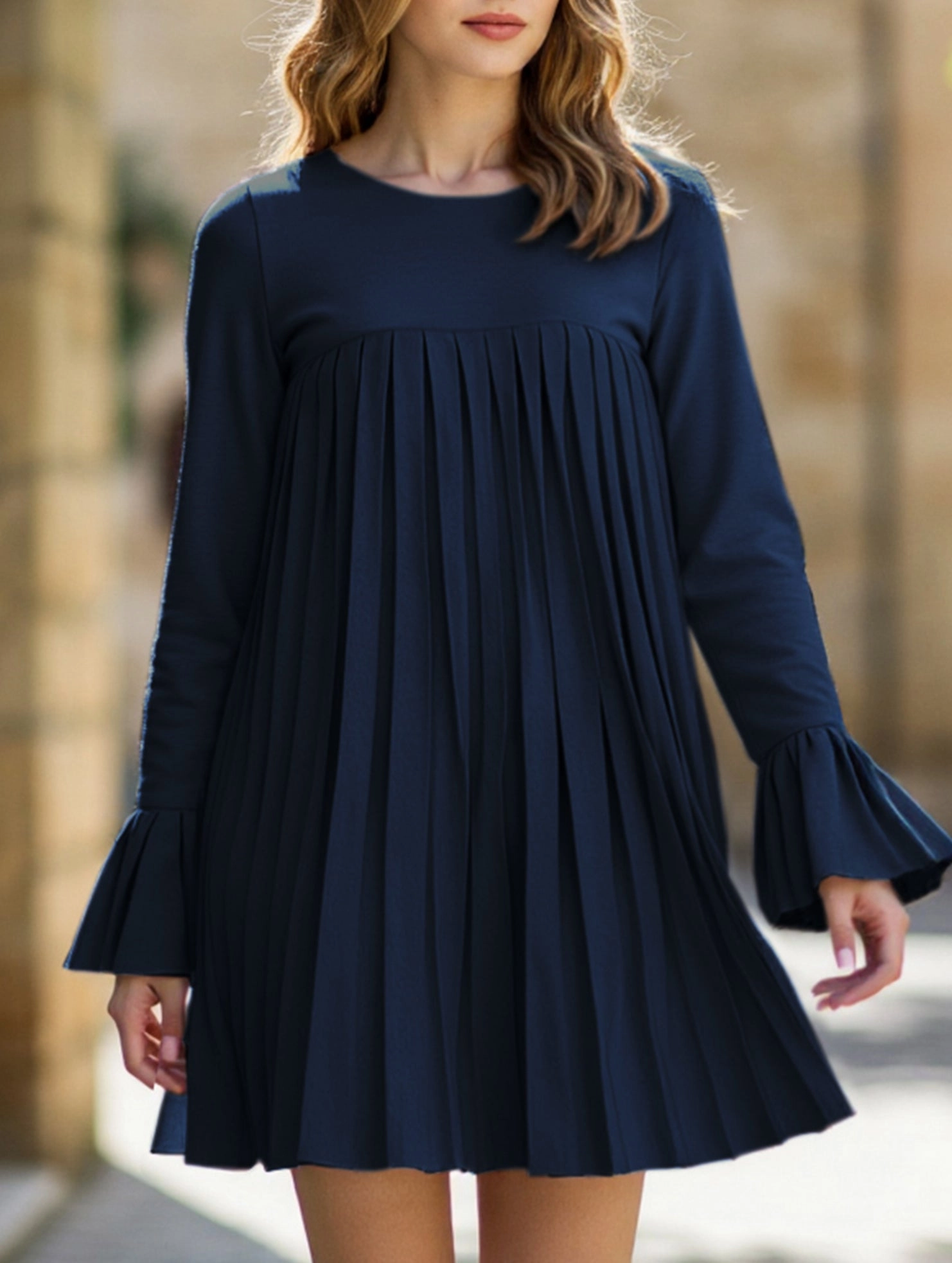 City Style Fashion solid color pleated dress