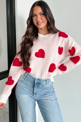 VentilatedMesh VNeckline Love Knows All Heart Print Sweater (Cream/Red)