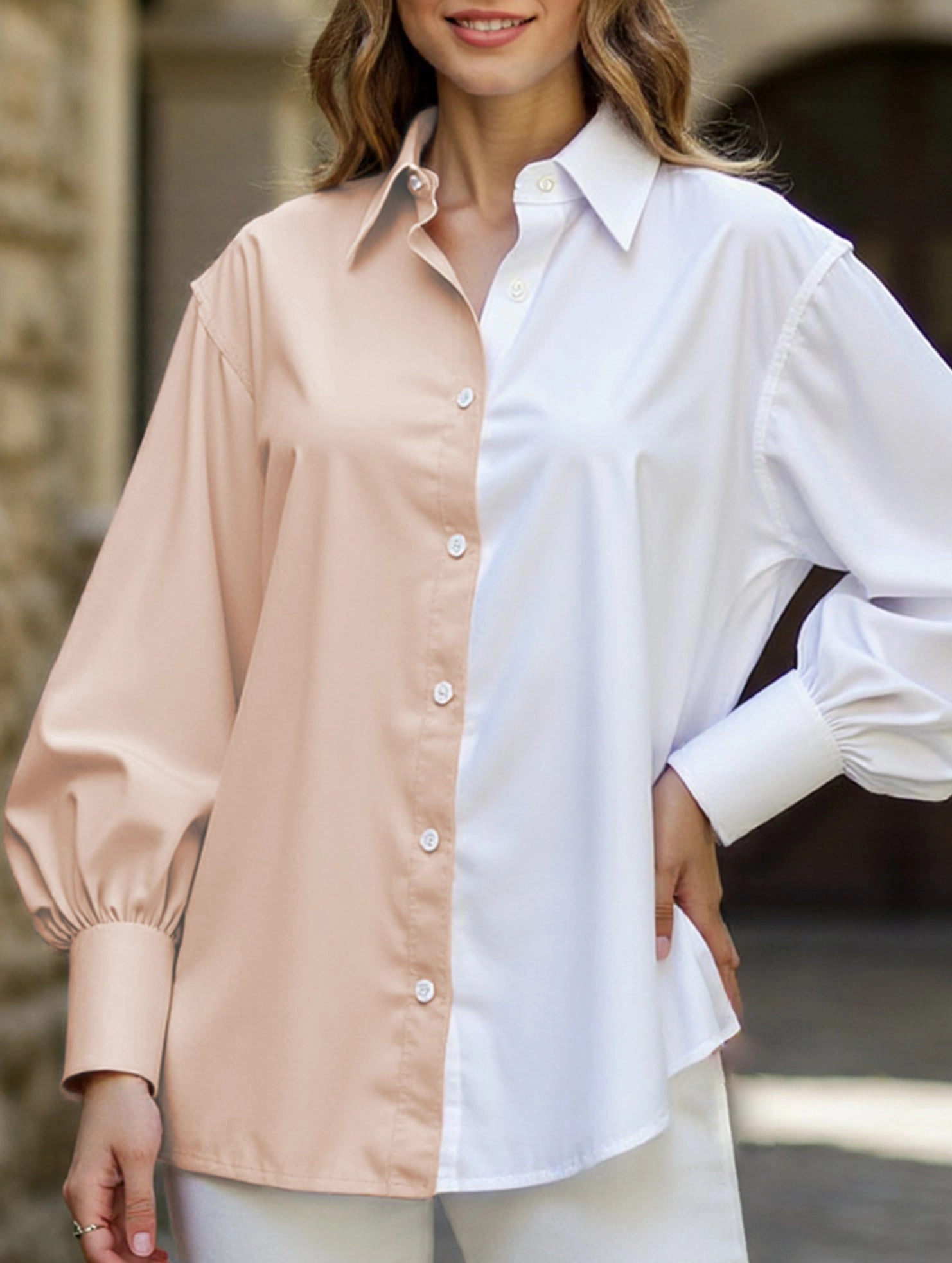 Simple patchwork contrast color shirt SlimFit Durable Stitch Pattern