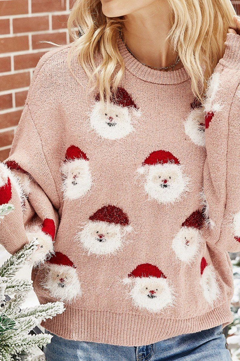 SnagResistant Fabric Machine Washable Fabric WOMEN FURRY CHRISTMAS SANTA PRINTING KNIT SWEATER