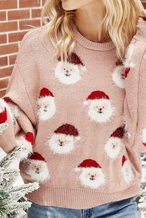 WOMEN FURRY CHRISTMAS SANTA PRINTING KNIT SWEATER Cozy Knit