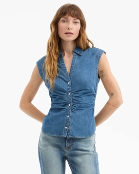 Sera Ruched Denim Shirt Serendipity MoistureWicking Fabric