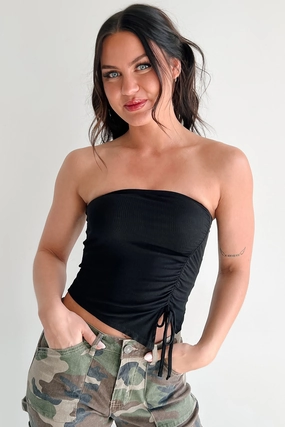 Count Me In Side Ruched Asymmetric Tube Top (Black) Stretchable Blend Stretchable Knit