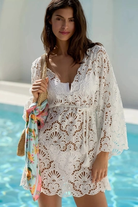 Classic Waistband Seashell Eyelet Mini Dress White