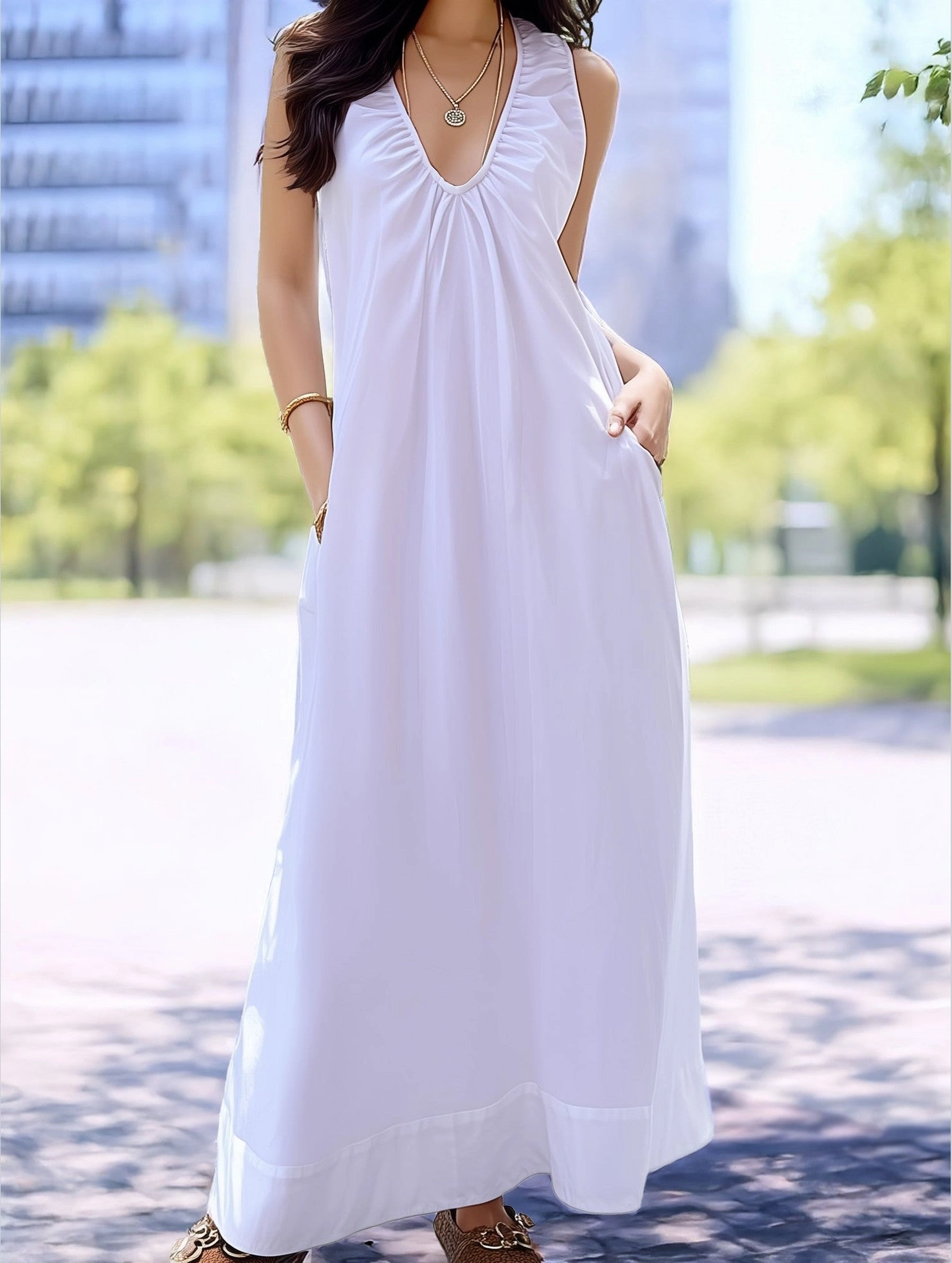 Seaside Vacation Sleeveless U-Neck Maxi Dress ??Flowy Resort Style PlushLining