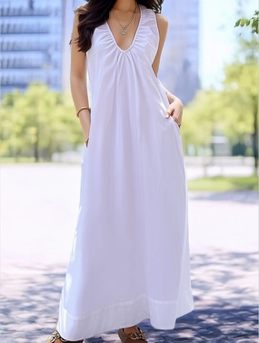 Seaside Vacation Sleeveless U-Neck Maxi Dress ??Flowy Resort Style PlushLining