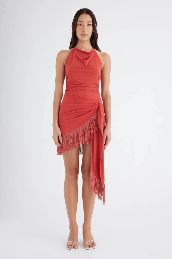 Carolina Fringe Halter Dress Hibiscus Knit Warm Sleek Waist