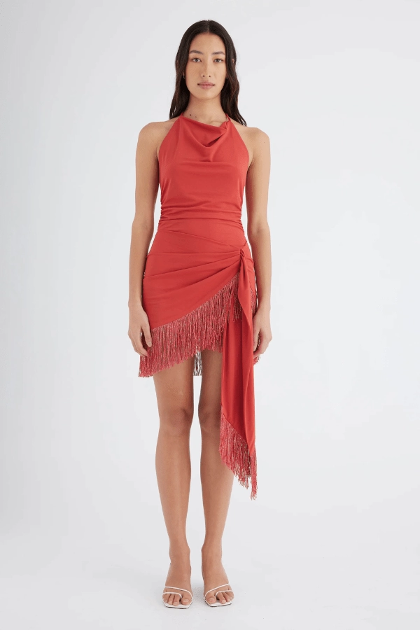 Bold Cut Versatile Wear Carolina Fringe Halter Dress Hibiscus