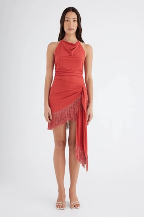 Carolina Fringe Halter Dress Hibiscus Knit Warm Sleek Waist