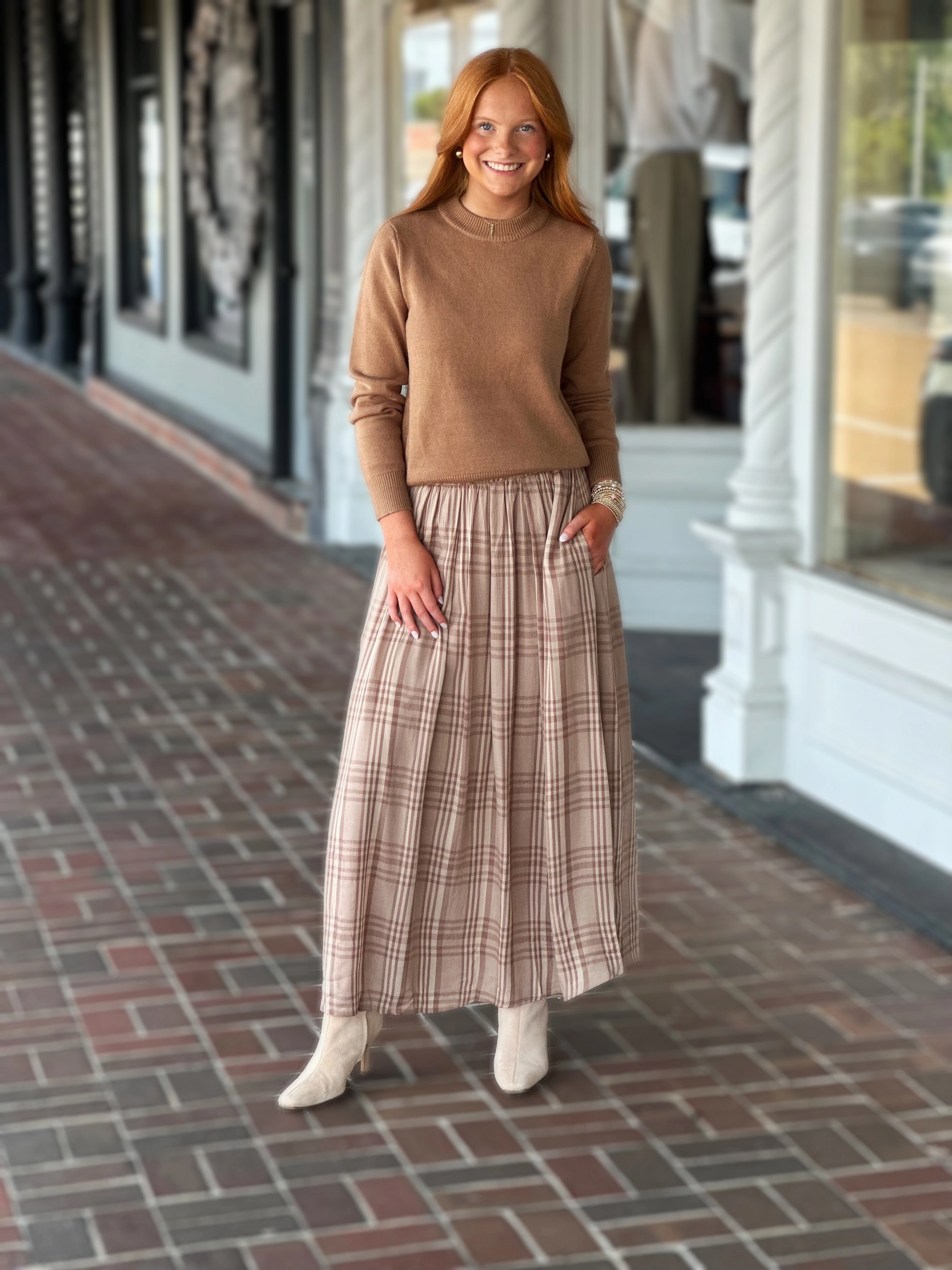 Seasons Change Plaid Skirt in Mocha Comfy Fit Smart Texture
