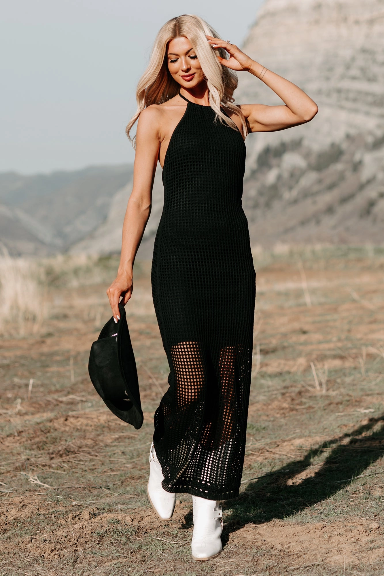 Layering Piece Calm Shine Seeking Peace Halter Crochet Midi Dress (Black)
