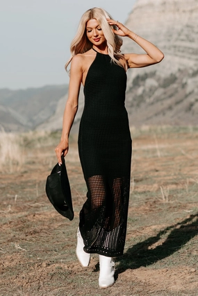 Seeking Peace Halter Crochet Midi Dress (Black) FlatlockSeam Minimalist Design