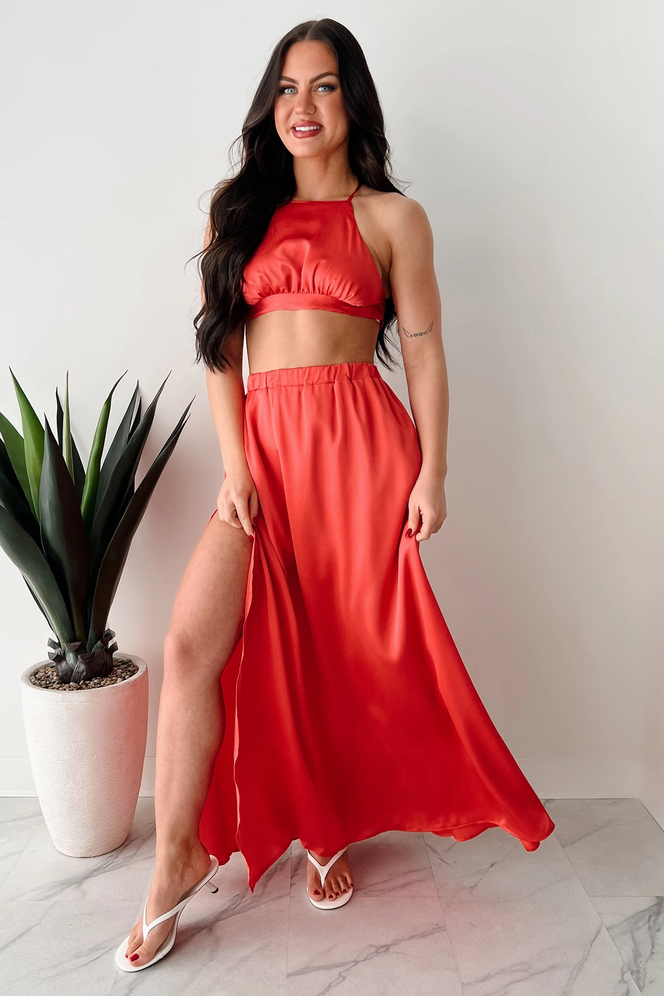 Sending Signals Halter Two Piece Maxi Set (Red Orange) Effortless Feel