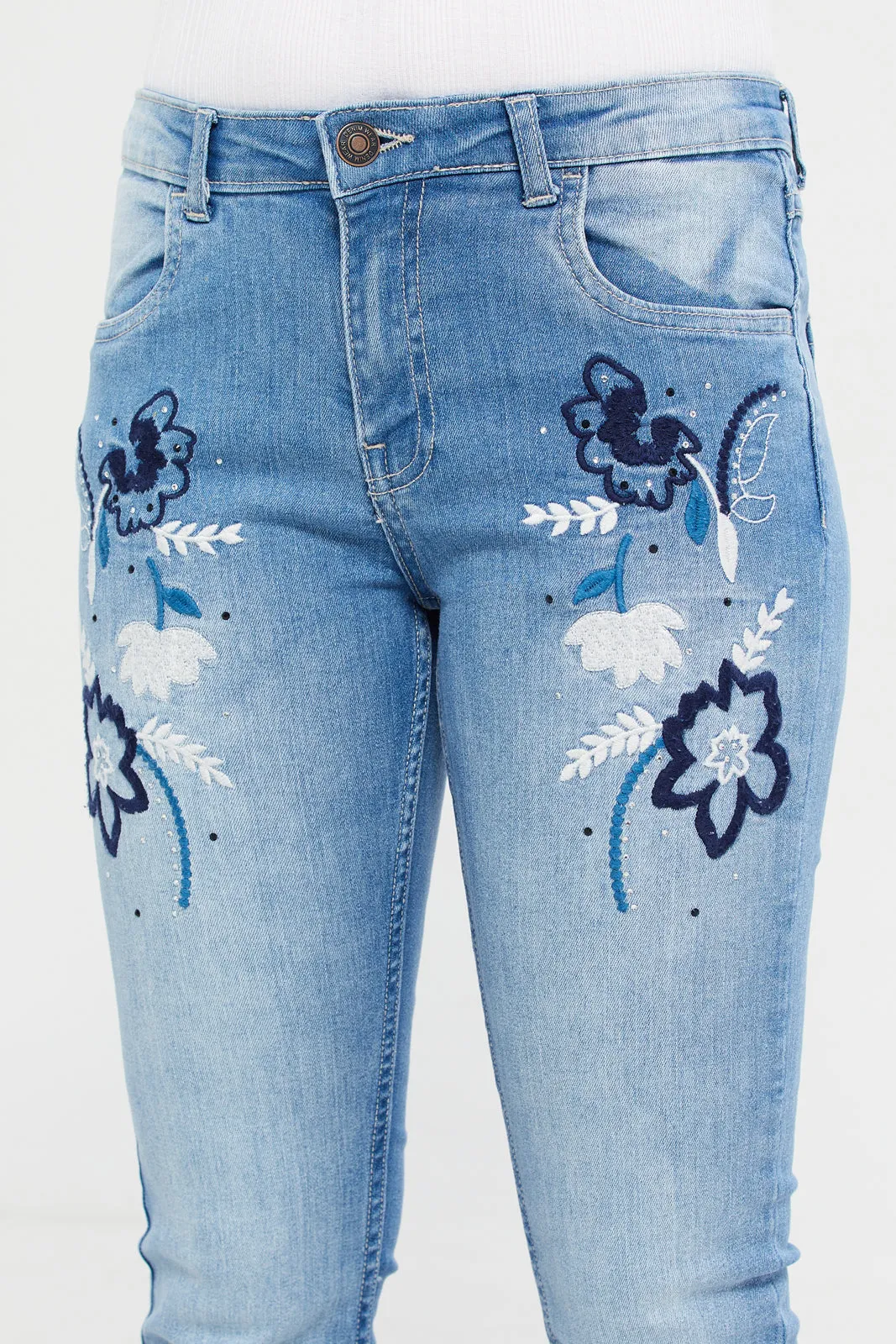 Senior Girls Blue Flared Hem Jeans With Embroidery